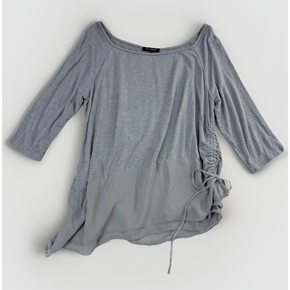 St. John Womens Medium Gray Silk Georgette Ruched Side Asymmetrical Top $595